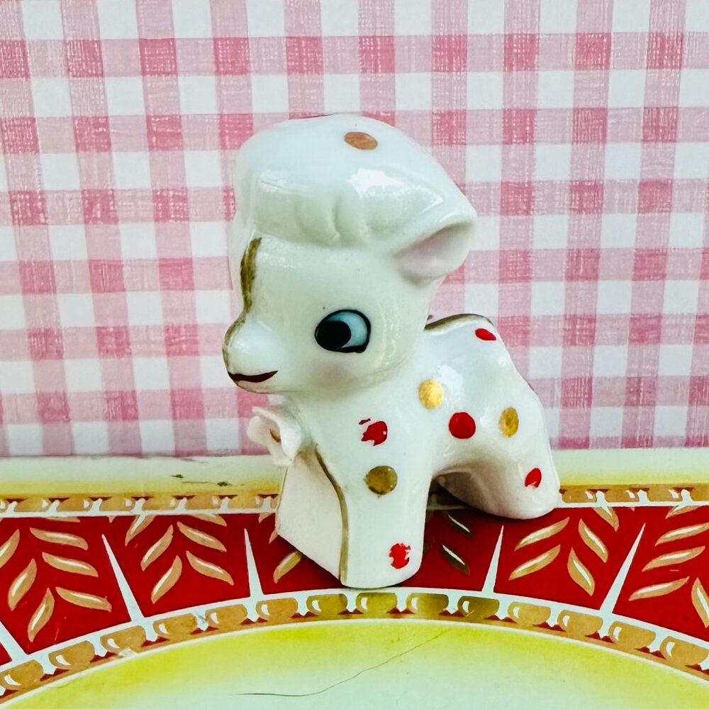 Vintage Japan Lamb Figurine Big Eyes Red Gold Polka Dots Anthropomorphic